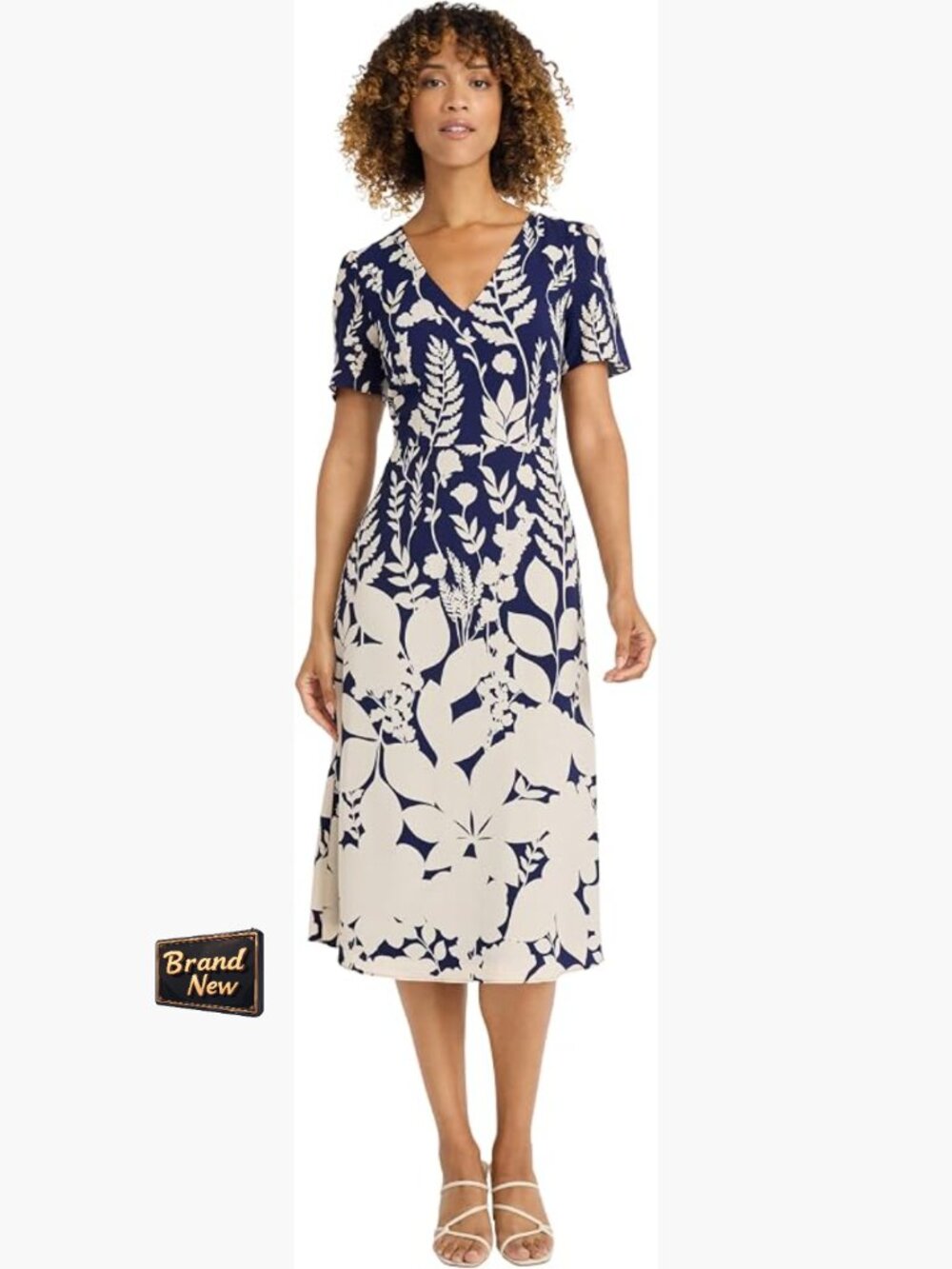 Midi A-Line Dress V-Neck Short Sleeve Floral Print Fit Flare Zipper Cocktail